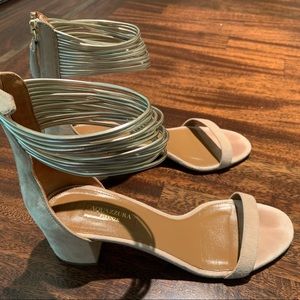 Aquazzura Cream Spin Me Around Metallic Ankle Strap Beige Suede Sandals